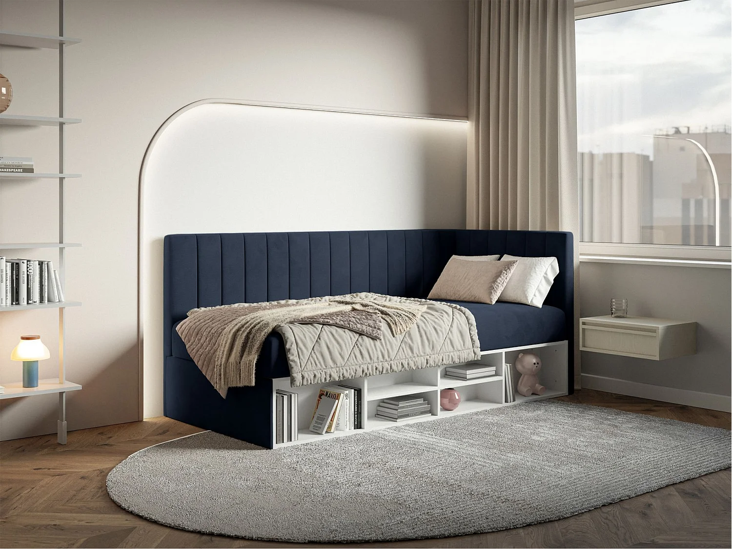 Jugendbett rechtsseitig mit Regalen, Easy-Clean-Samtbezug, dunkelblau - VENTRIO