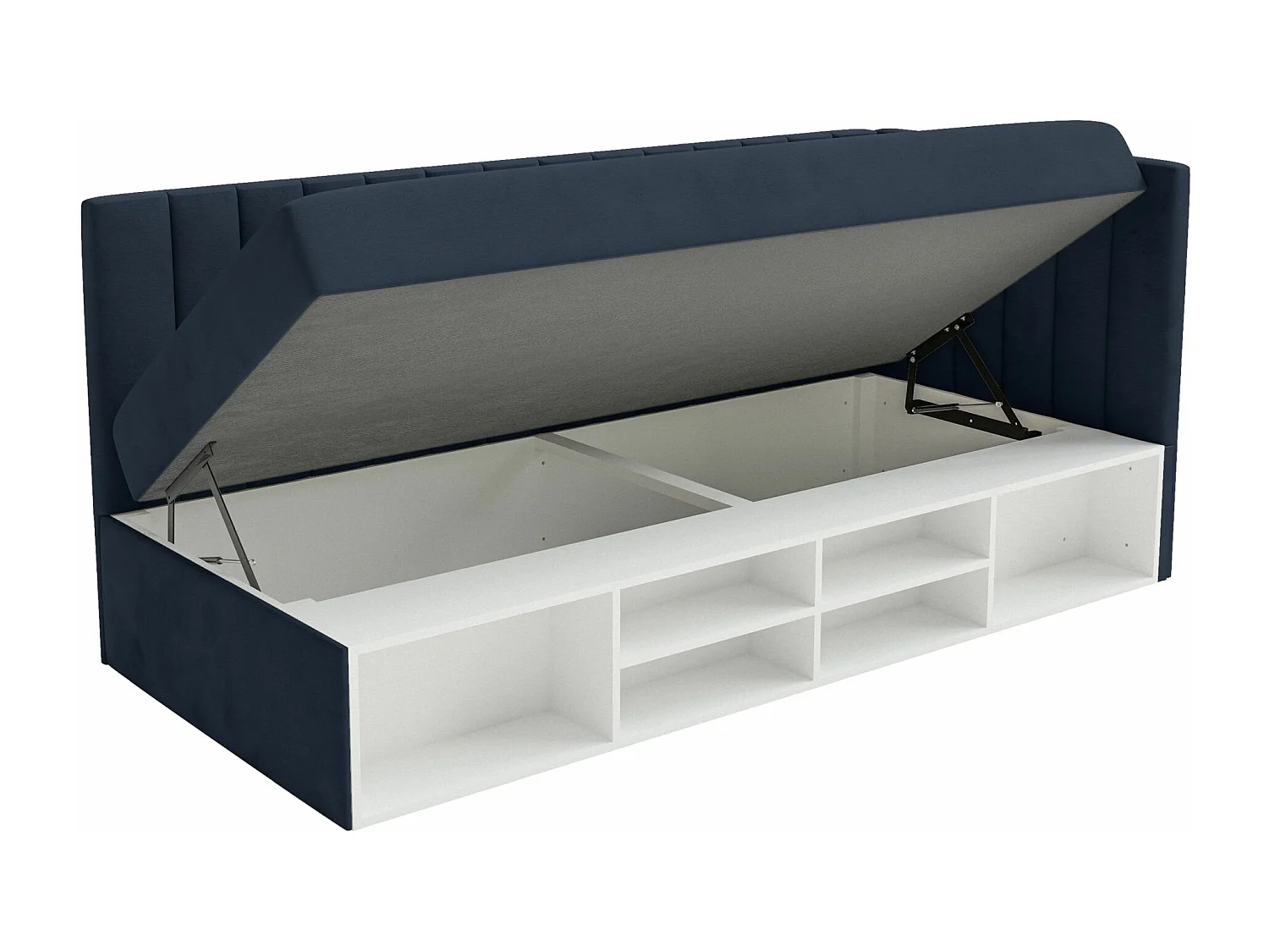 Jugendbett rechtsseitig mit Regalen, Easy-Clean-Samtbezug, dunkelblau - VENTRIO