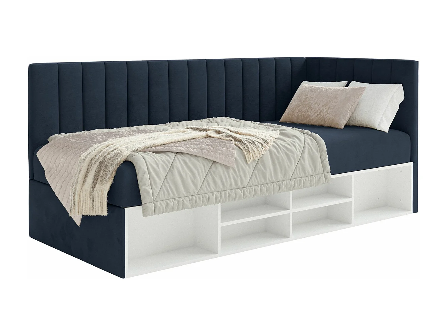 Jugendbett rechtsseitig mit Regalen, Easy-Clean-Samtbezug, dunkelblau - VENTRIO