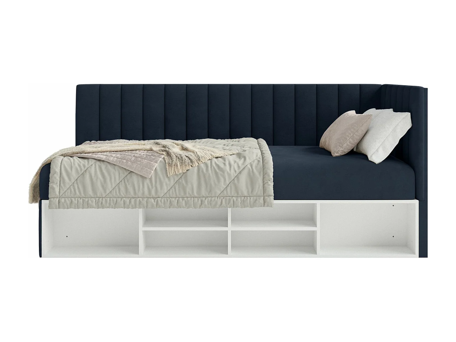 Jugendbett rechtsseitig mit Regalen, Easy-Clean-Samtbezug, dunkelblau - VENTRIO