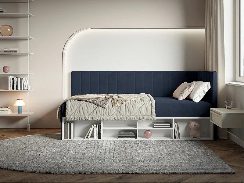Jugendbett rechtsseitig mit Regalen, Easy-Clean-Samtbezug, dunkelblau - VENTRIO