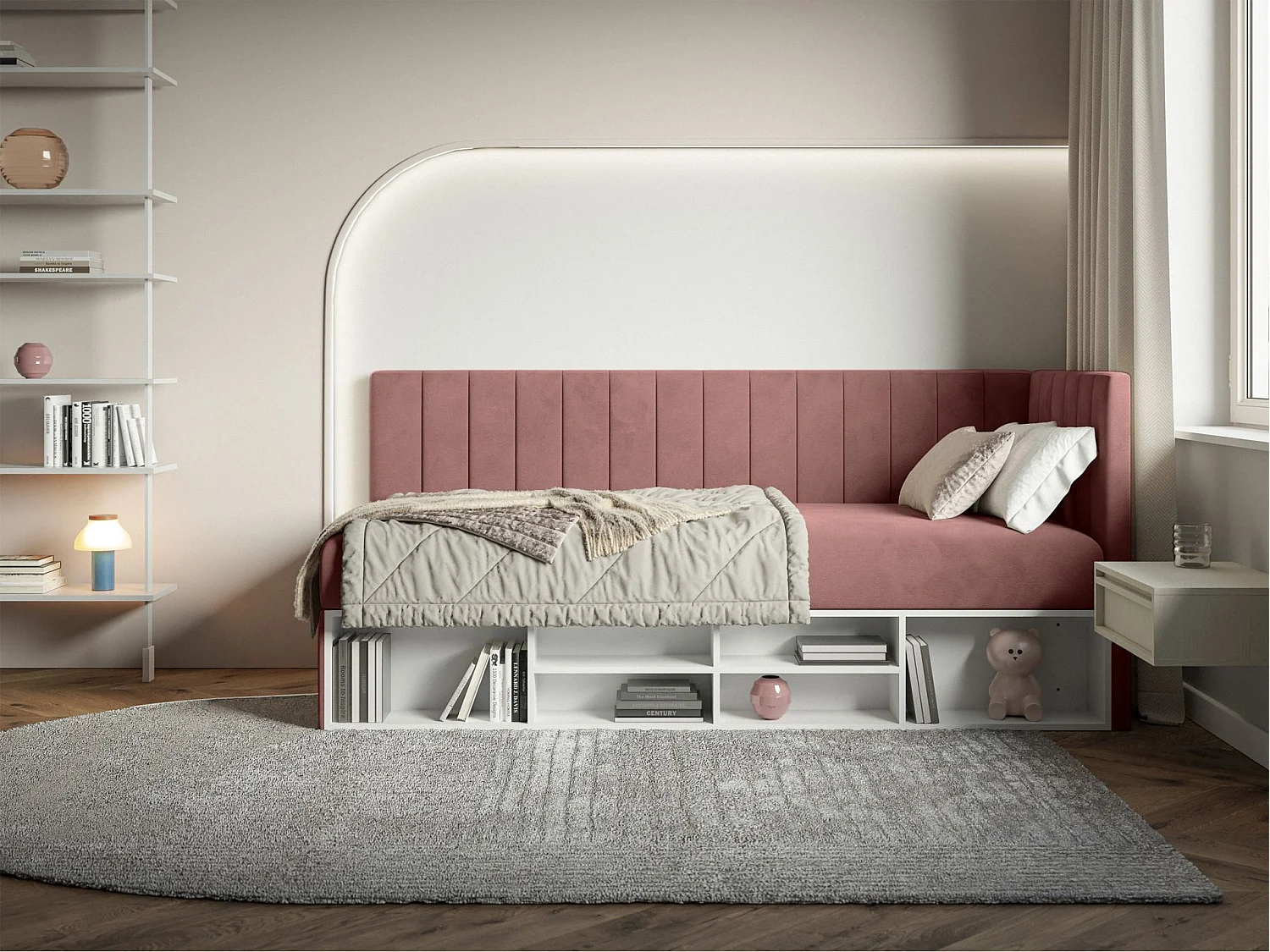 Jugendbett rechtsseitig mit Regalen, Easy-Clean-Samtbezug, rosa - VENTRIO