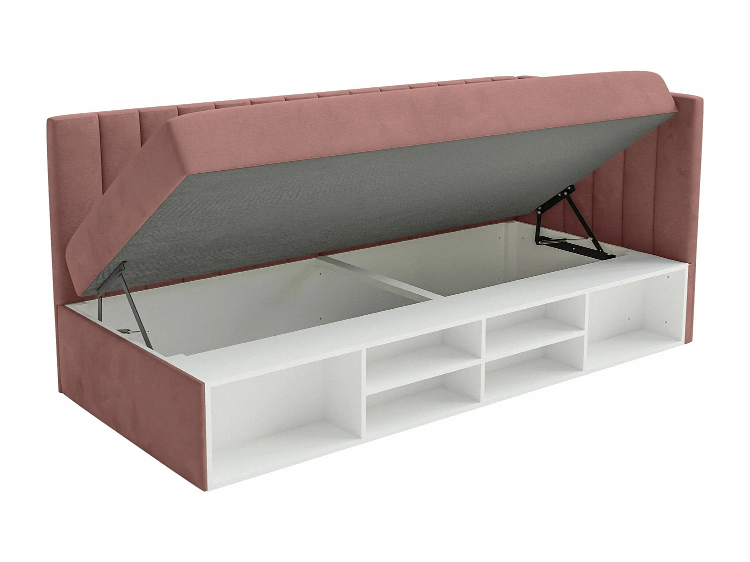 Jugendbett rechtsseitig mit Regalen, Easy-Clean-Samtbezug, rosa - VENTRIO