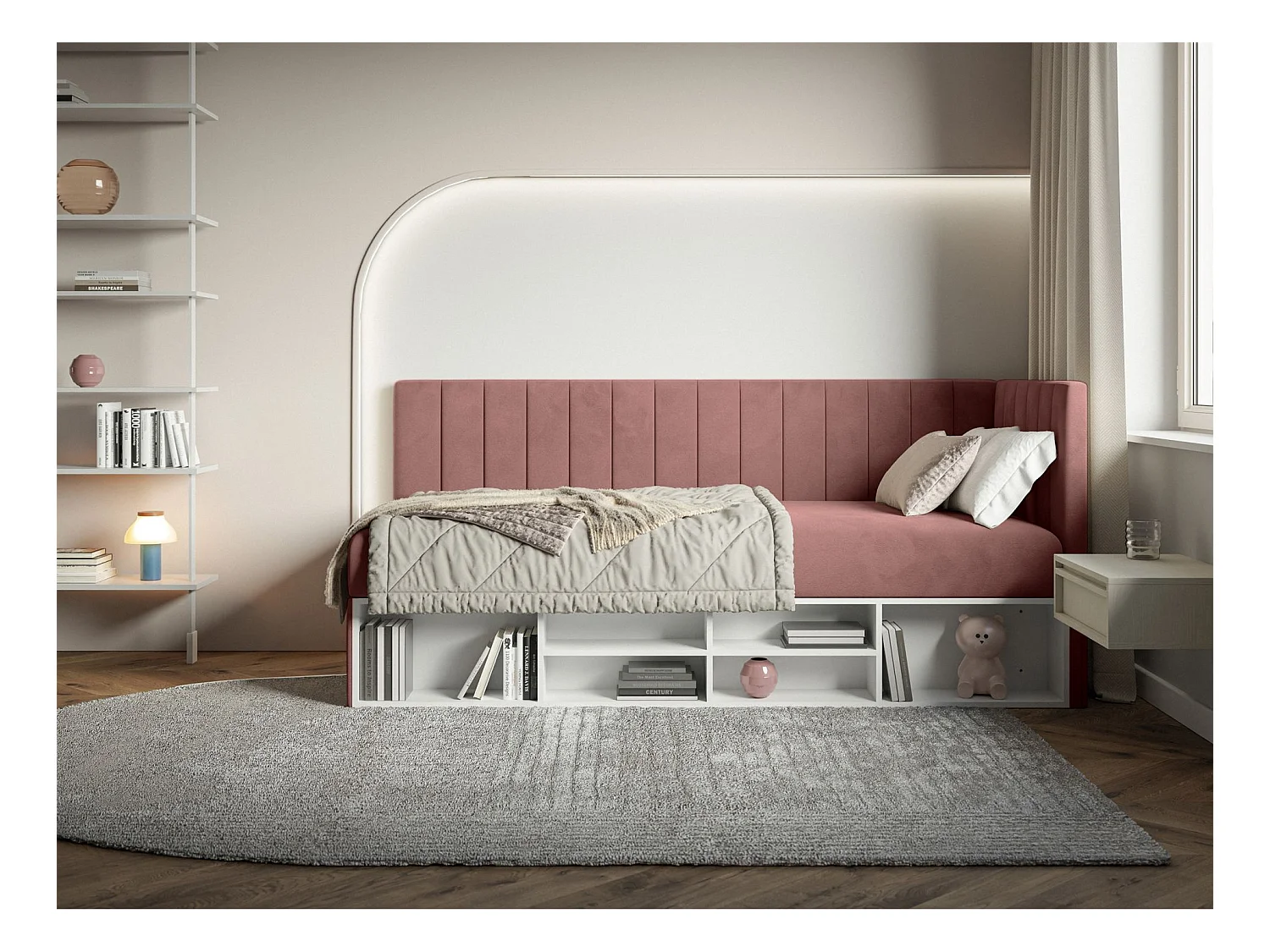 Lit ado avec rangement - rose - côté droit - VENTRIO