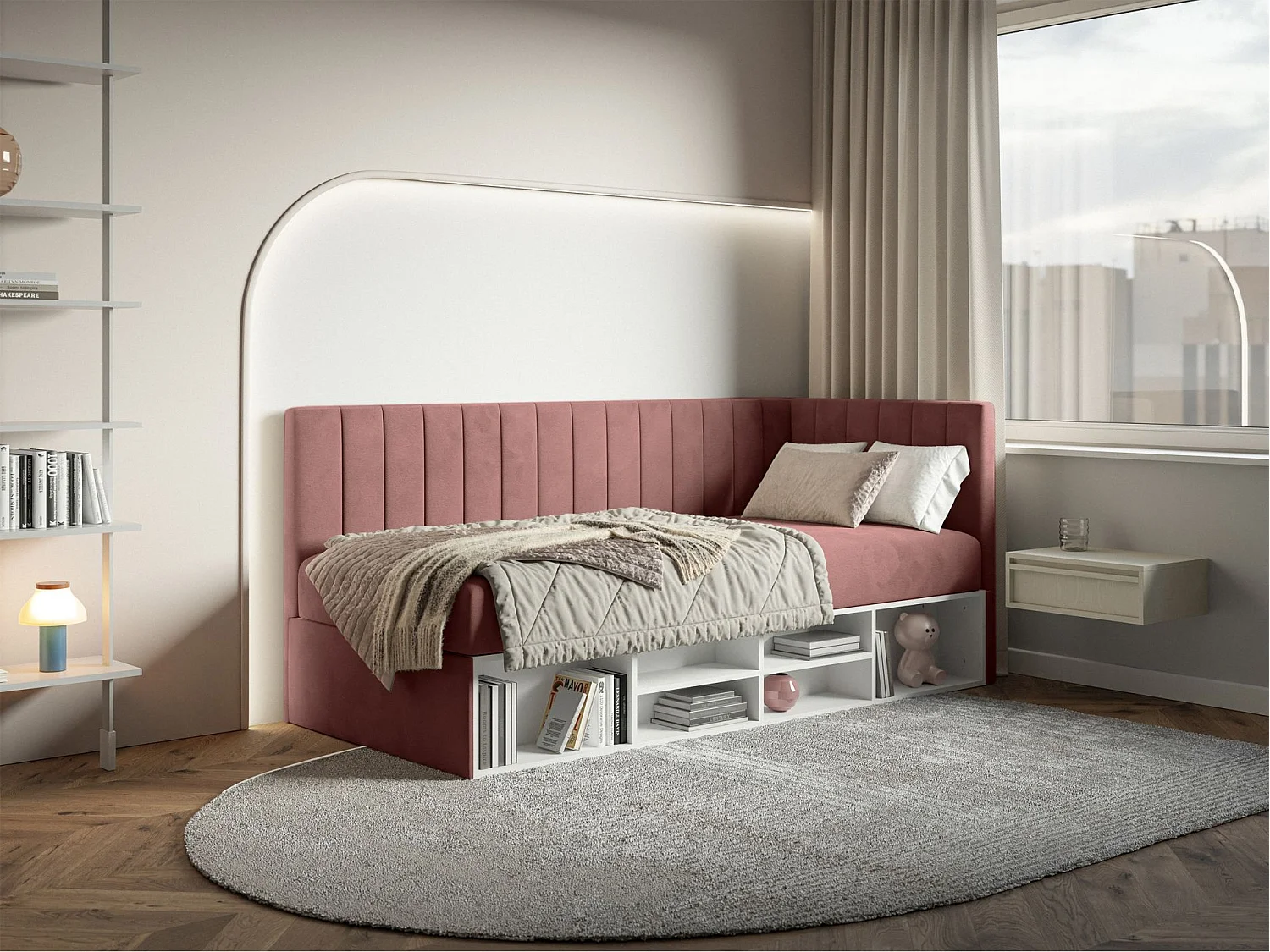 Jugendbett rechtsseitig mit Regalen, Easy-Clean-Samtbezug, rosa - VENTRIO