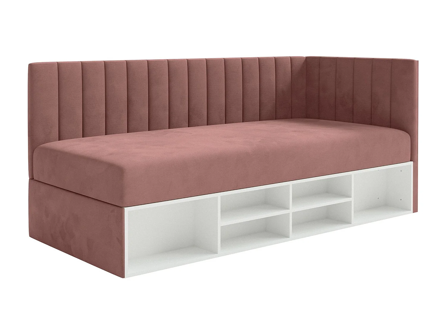 Jugendbett rechtsseitig mit Regalen, Easy-Clean-Samtbezug, rosa - VENTRIO