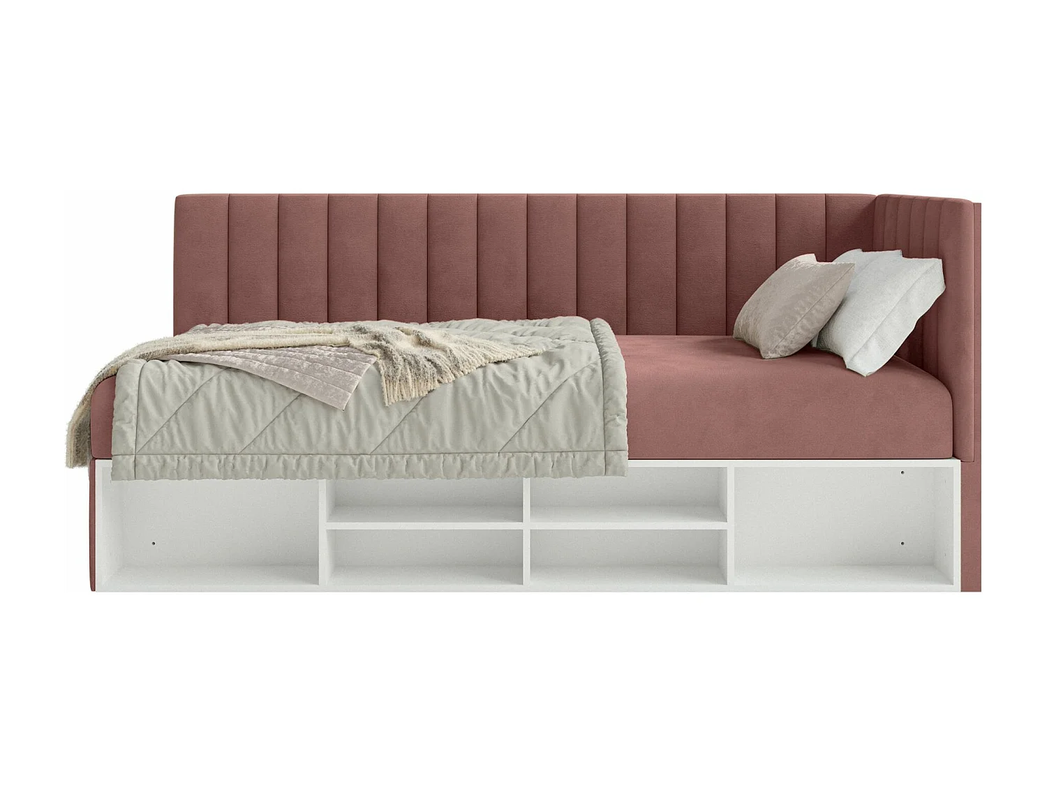 Jugendbett rechtsseitig mit Regalen, Easy-Clean-Samtbezug, rosa - VENTRIO