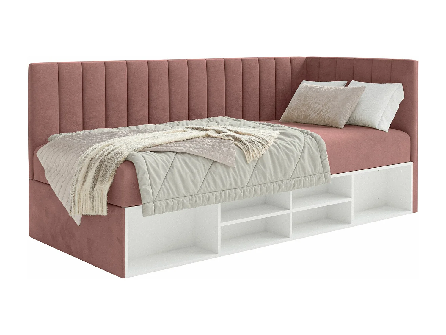 Jugendbett rechtsseitig mit Regalen, Easy-Clean-Samtbezug, rosa - VENTRIO