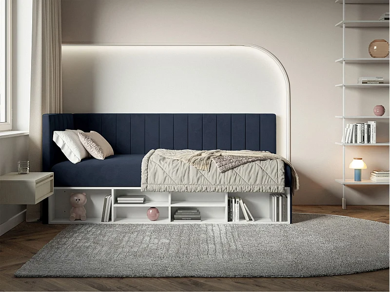 Jugendbett linksseitig mit Regalen, Easy-Clean-Samtbezug, dunkelblau - VENTRIO