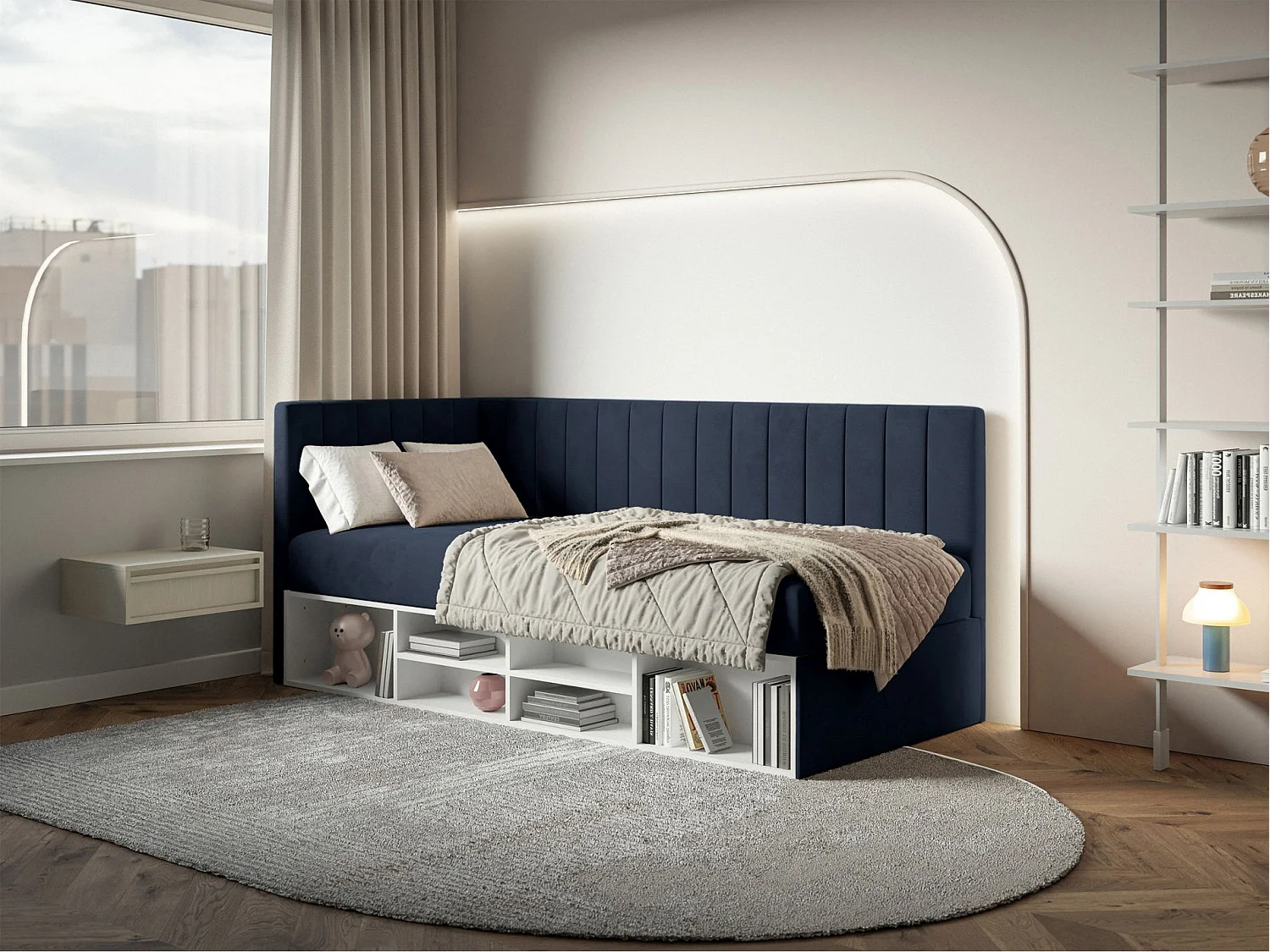 Jugendbett linksseitig mit Regalen, Easy-Clean-Samtbezug, dunkelblau - VENTRIO