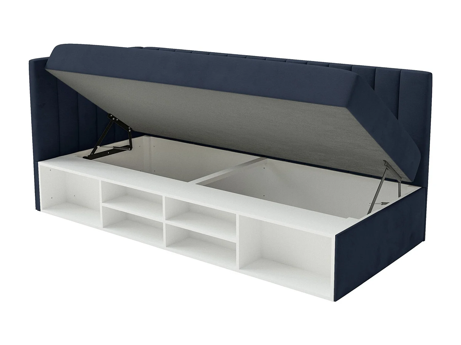 Jugendbett linksseitig mit Regalen, Easy-Clean-Samtbezug, dunkelblau - VENTRIO