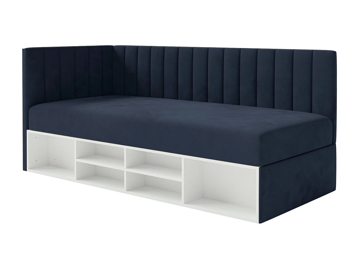 Jugendbett linksseitig mit Regalen, Easy-Clean-Samtbezug, dunkelblau - VENTRIO