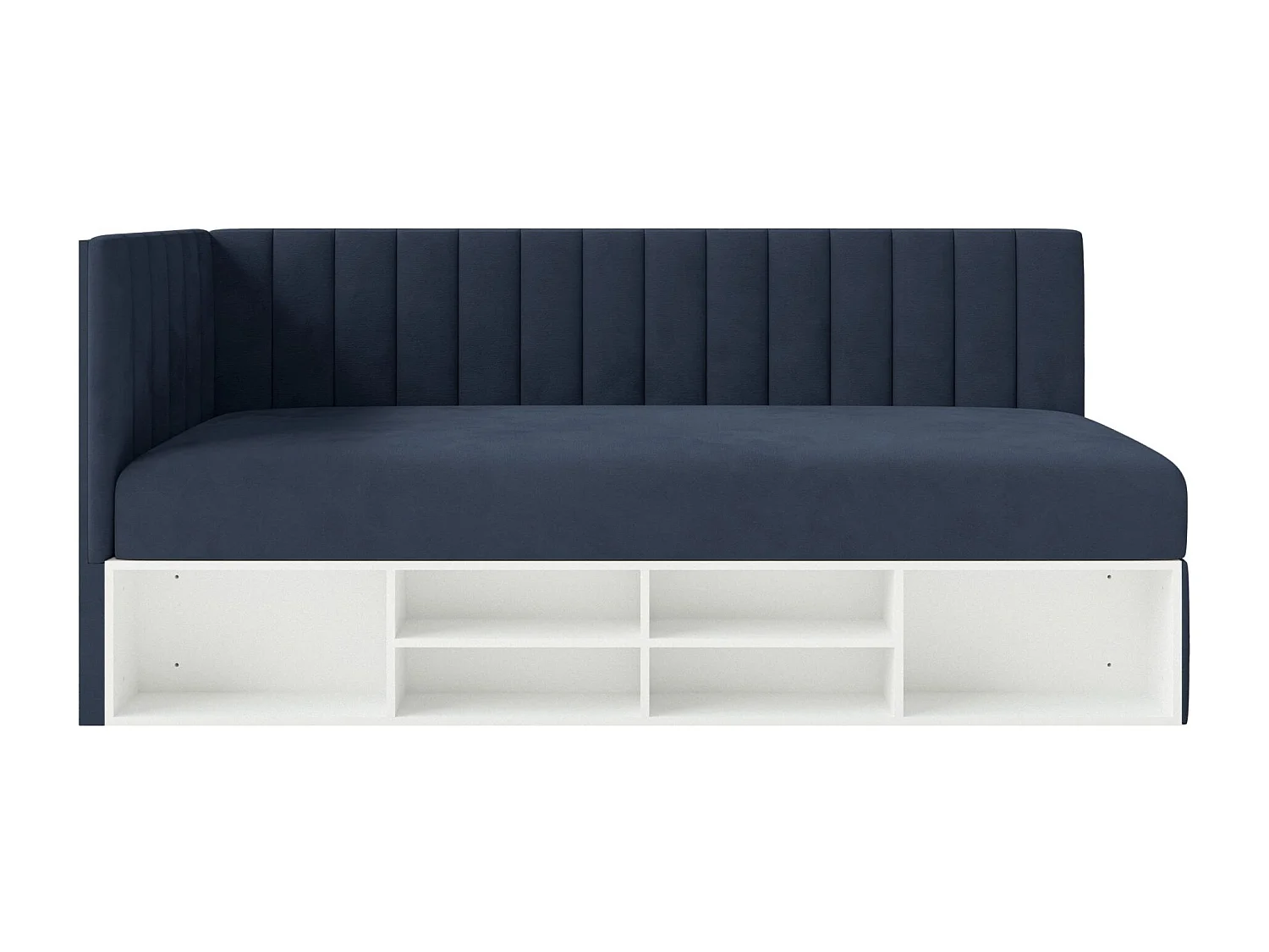 Jugendbett linksseitig mit Regalen, Easy-Clean-Samtbezug, dunkelblau - VENTRIO