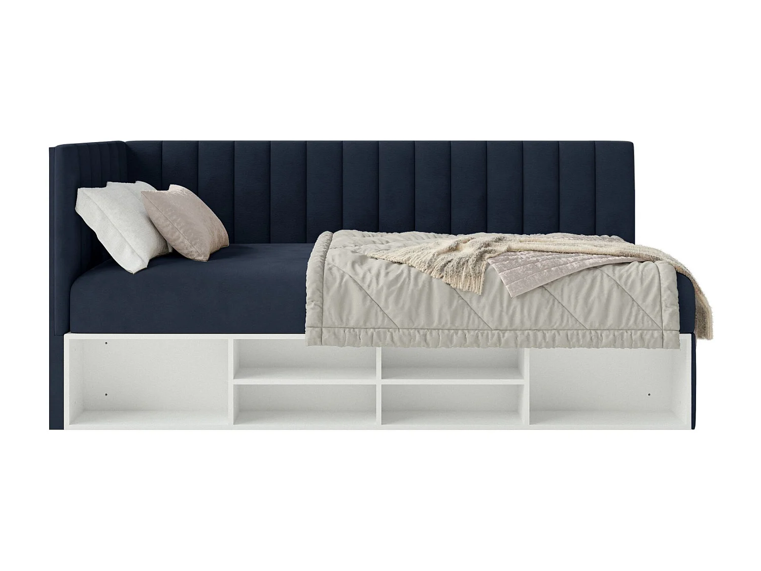 Jugendbett linksseitig mit Regalen, Easy-Clean-Samtbezug, dunkelblau - VENTRIO
