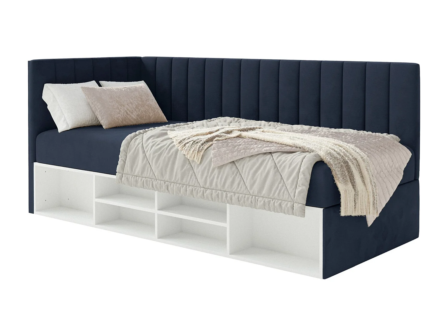 Jugendbett linksseitig mit Regalen, Easy-Clean-Samtbezug, dunkelblau - VENTRIO