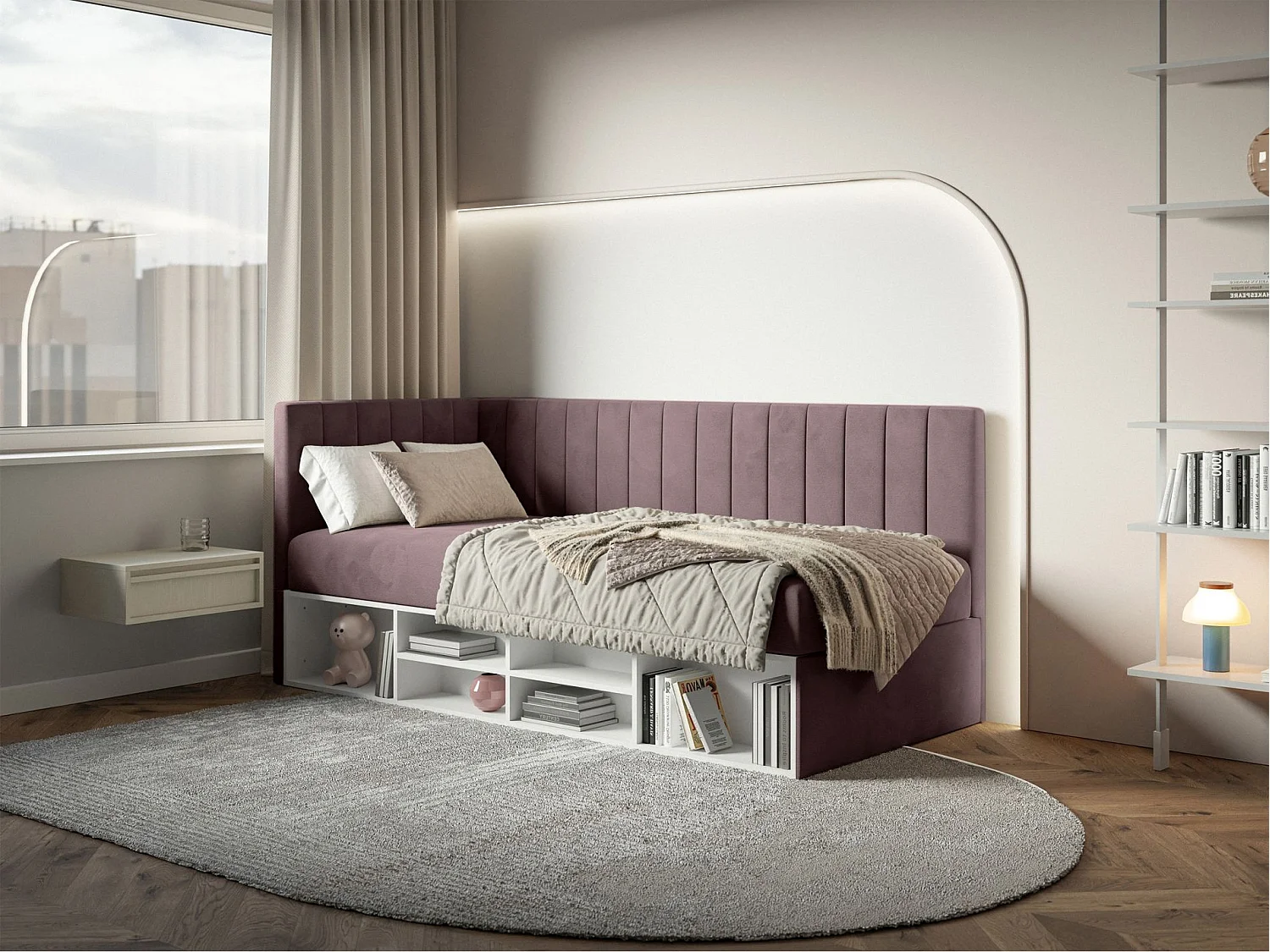 Tienerbed met opbergruimte - paars - linkerzijde - VENTRIO