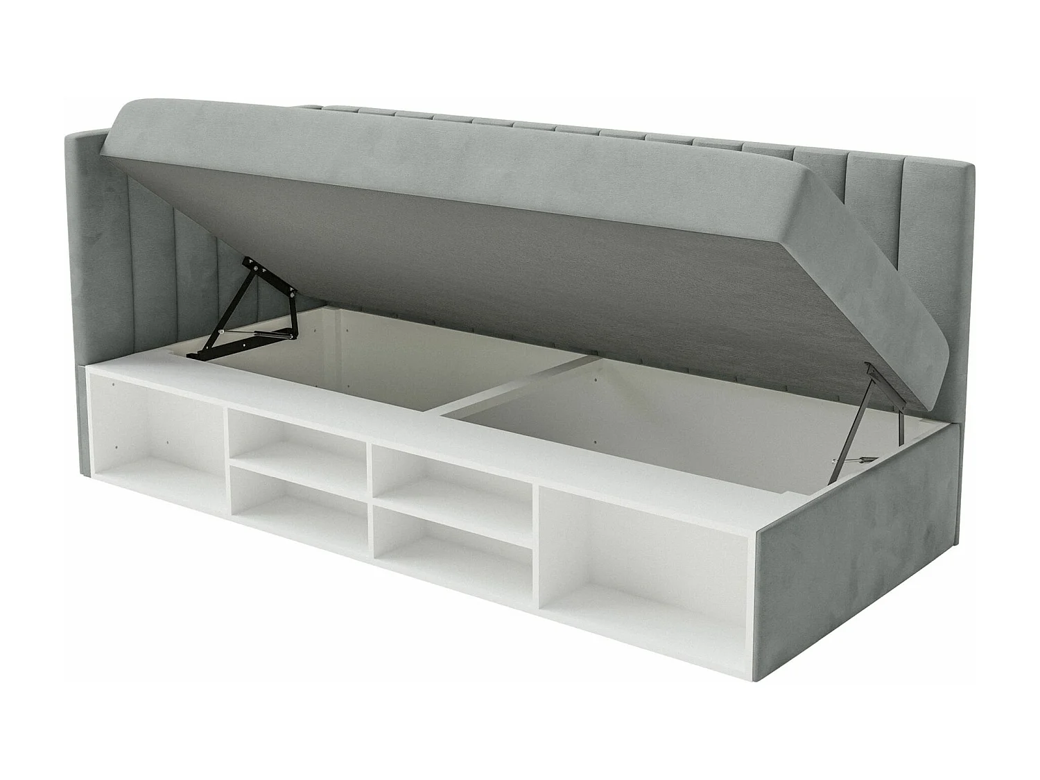 Jugendbett linksseitig mit Regalen, Easy-Clean-Samtbezug, grau - VENTRIO