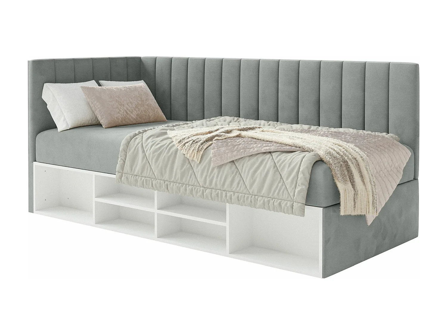 Jugendbett linksseitig mit Regalen, Easy-Clean-Samtbezug, grau - VENTRIO