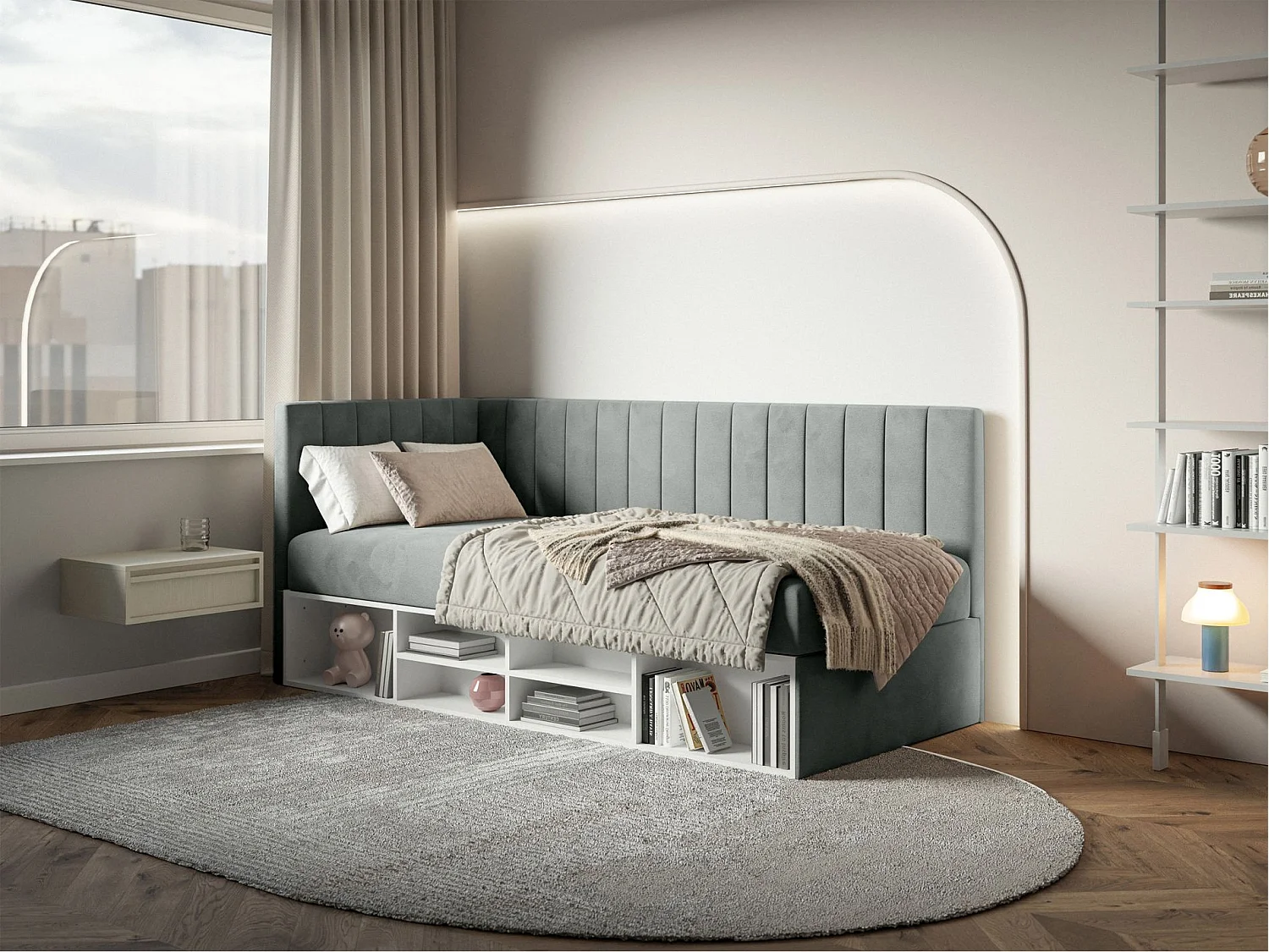 Tienerbed met opbergruimte - grijs - linkerzijde - VENTRIO