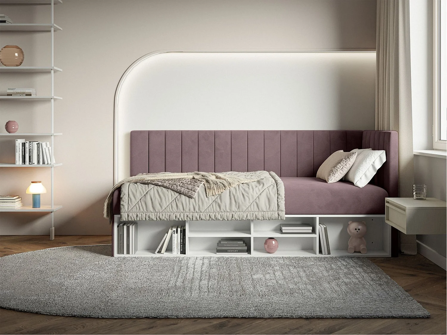 Jugendbett rechtsseitig mit Regalen, Easy-Clean-Samtbezug, violett - VENTRIO