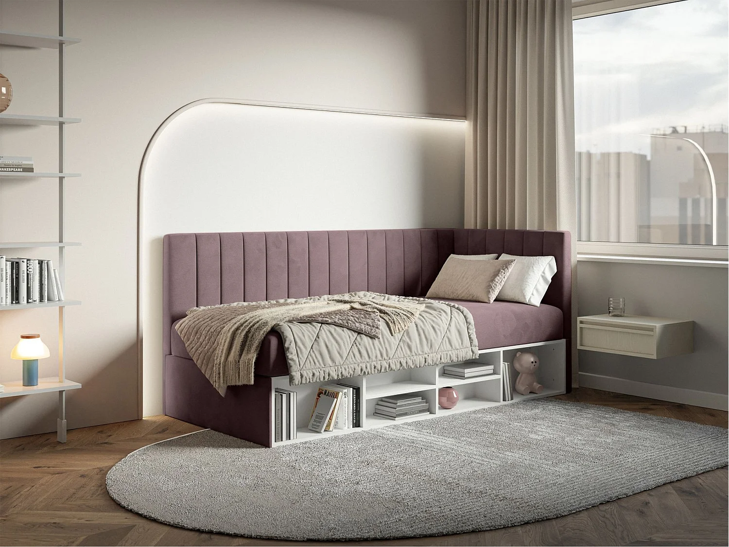 Jugendbett rechtsseitig mit Regalen, Easy-Clean-Samtbezug, violett - VENTRIO