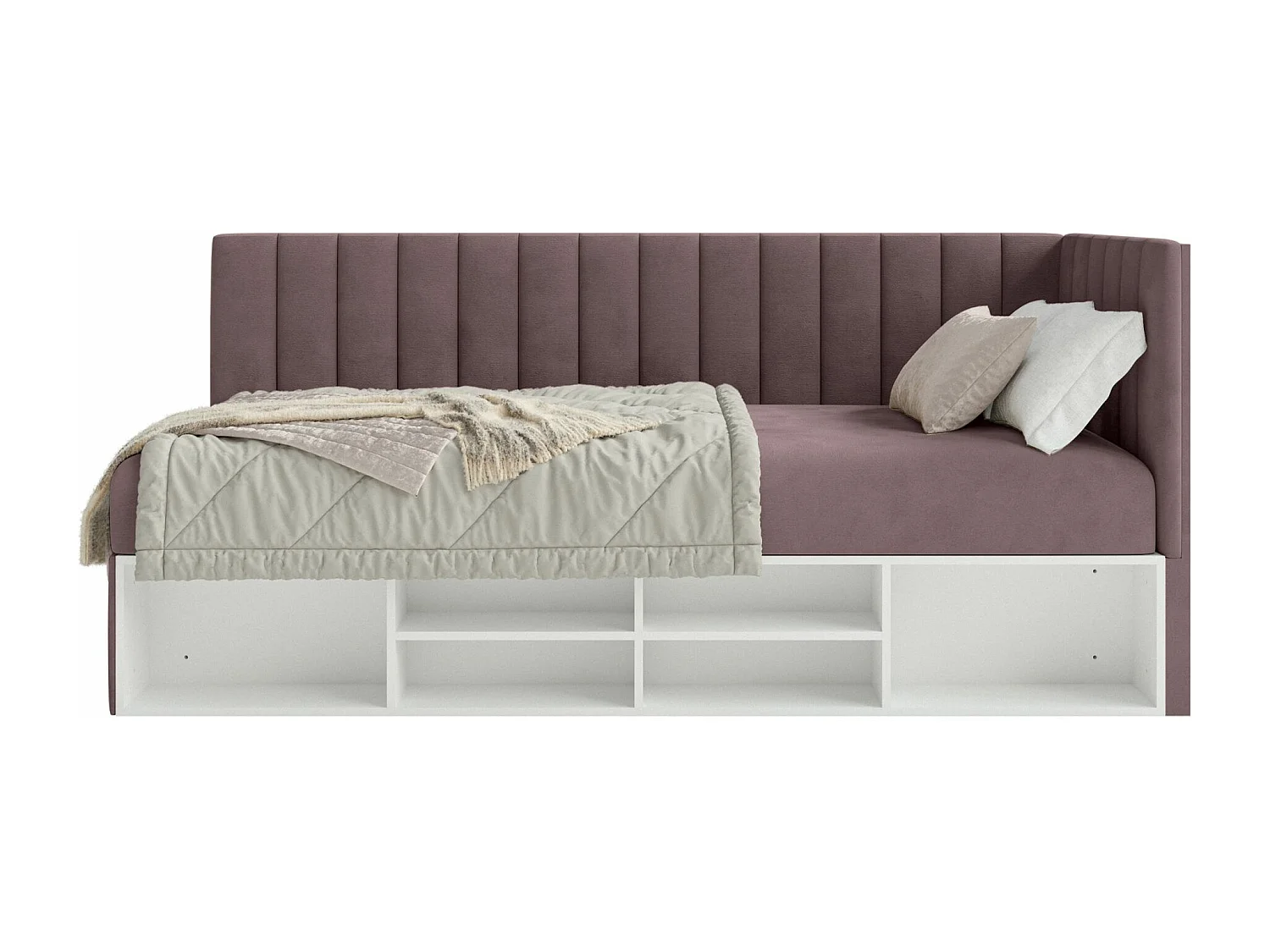 Jugendbett rechtsseitig mit Regalen, Easy-Clean-Samtbezug, violett - VENTRIO