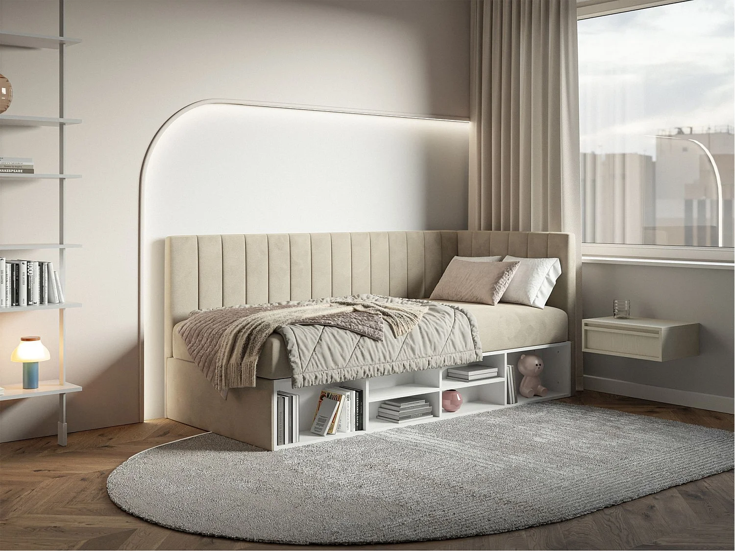 Jugendbett rechtsseitig mit Regalen, Easy-Clean-Samtbezug, hellbeige - VENTRIO