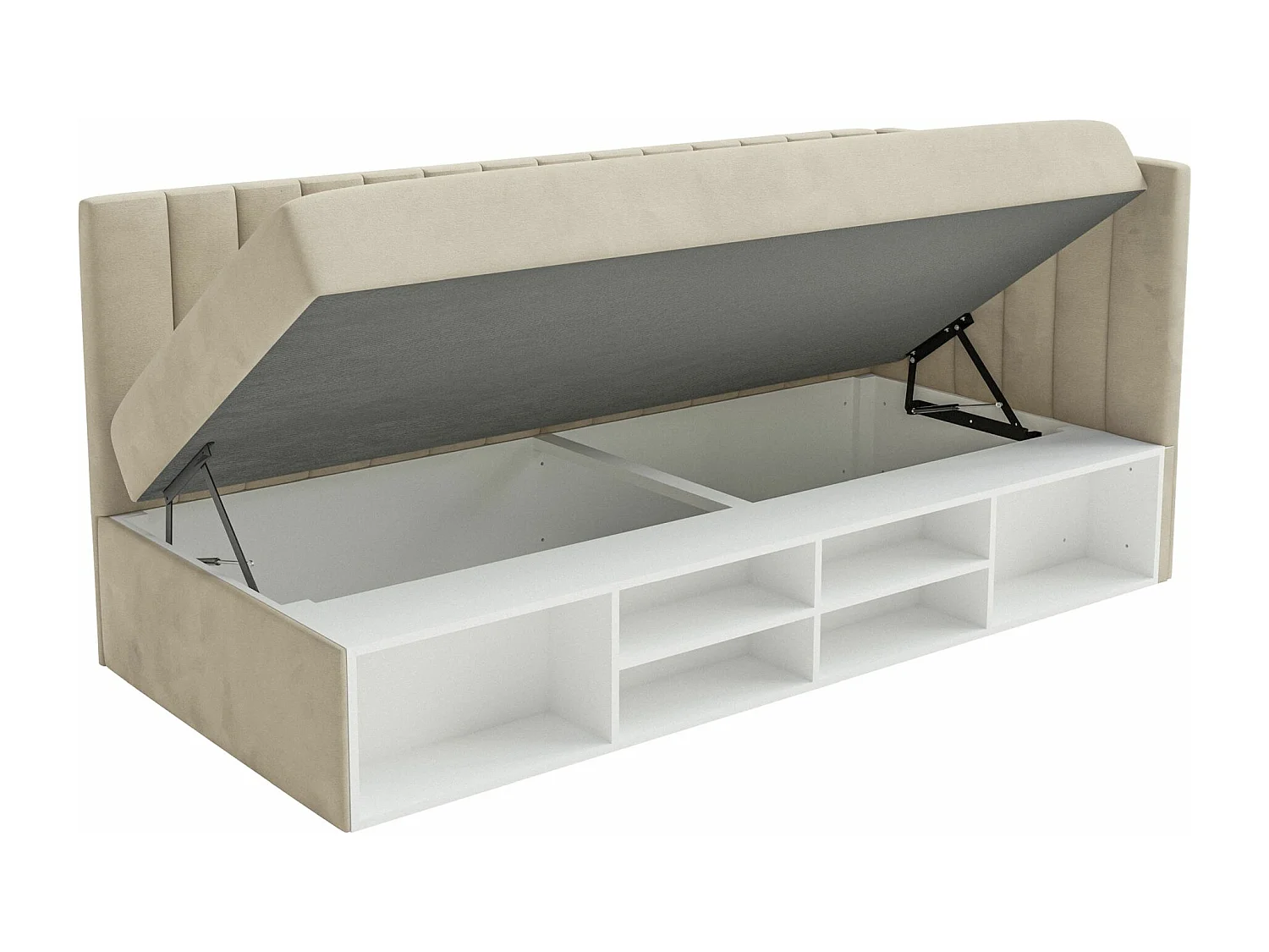 Jugendbett rechtsseitig mit Regalen, Easy-Clean-Samtbezug, hellbeige - VENTRIO