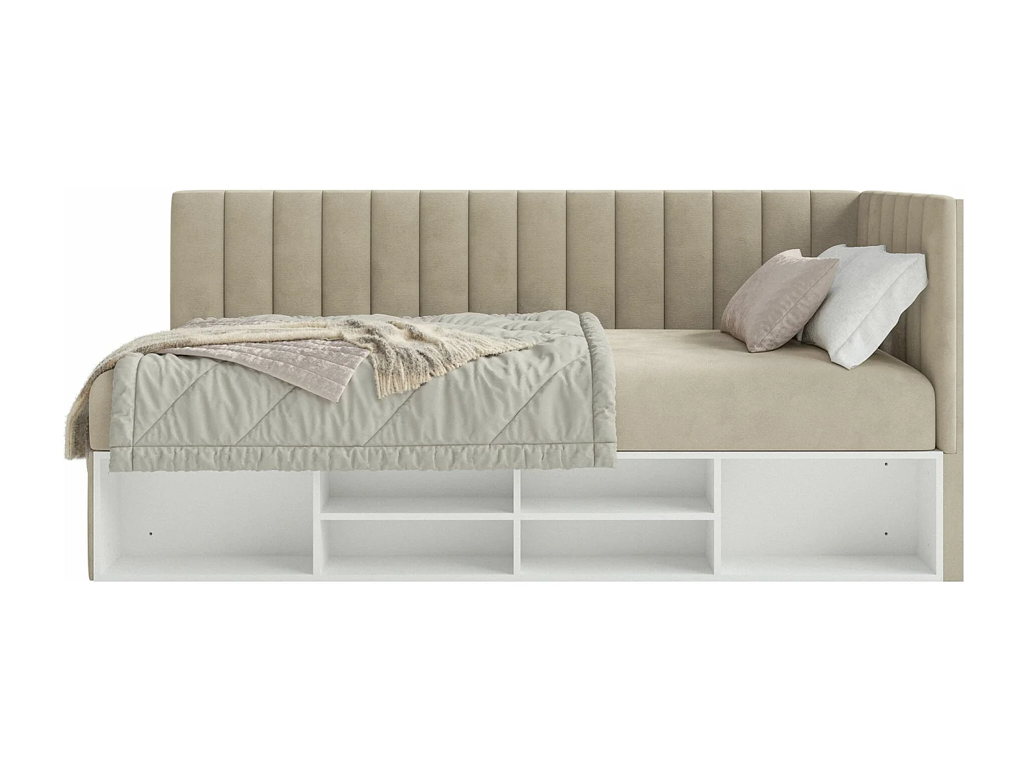 Jugendbett rechtsseitig mit Regalen, Easy-Clean-Samtbezug, hellbeige - VENTRIO