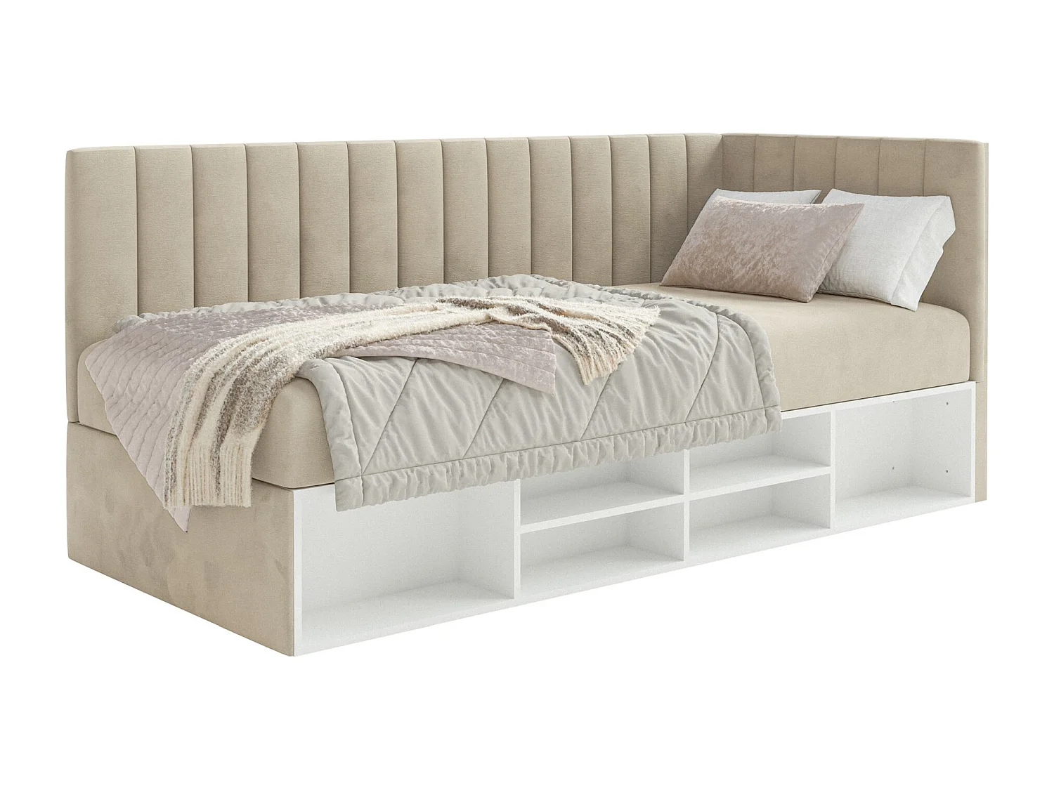 Jugendbett rechtsseitig mit Regalen, Easy-Clean-Samtbezug, hellbeige - VENTRIO