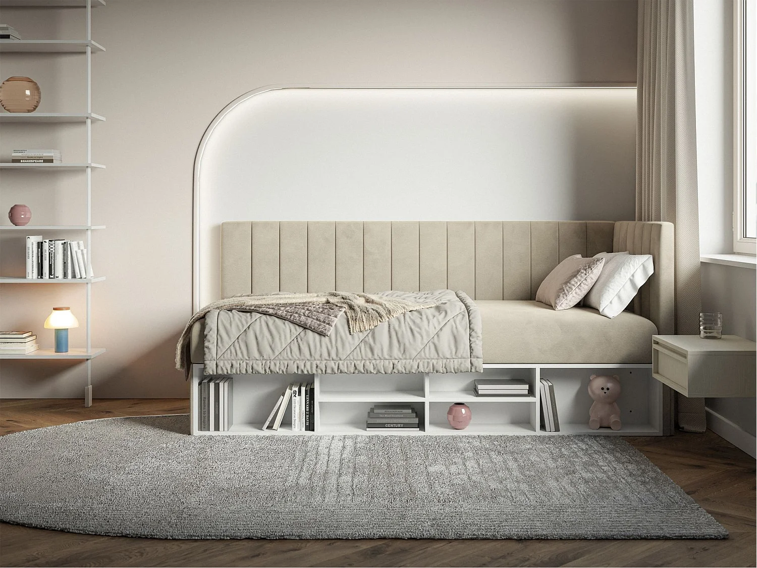 Jugendbett rechtsseitig mit Regalen, Easy-Clean-Samtbezug, hellbeige - VENTRIO