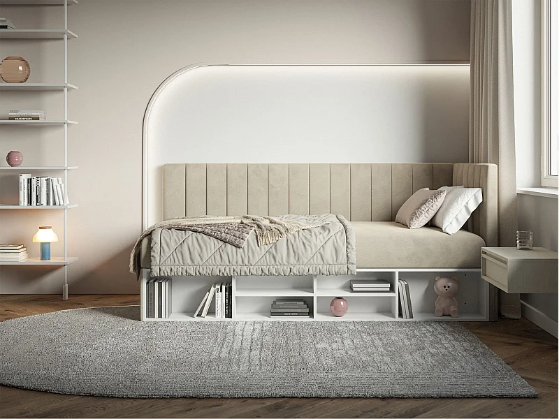Jugendbett rechtsseitig mit Regalen, Easy-Clean-Samtbezug, hellbeige - VENTRIO