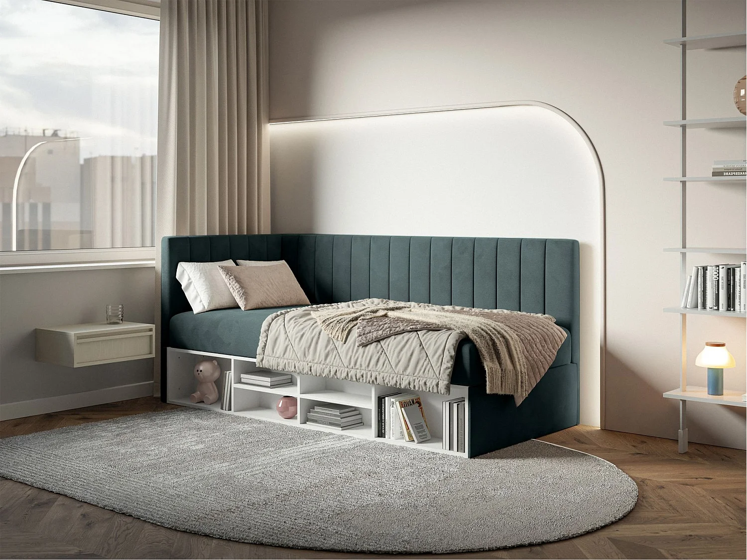 Jugendbett linksseitig mit Regalen, Easy-Clean-Samtbezug, blaugrau - VENTRIO