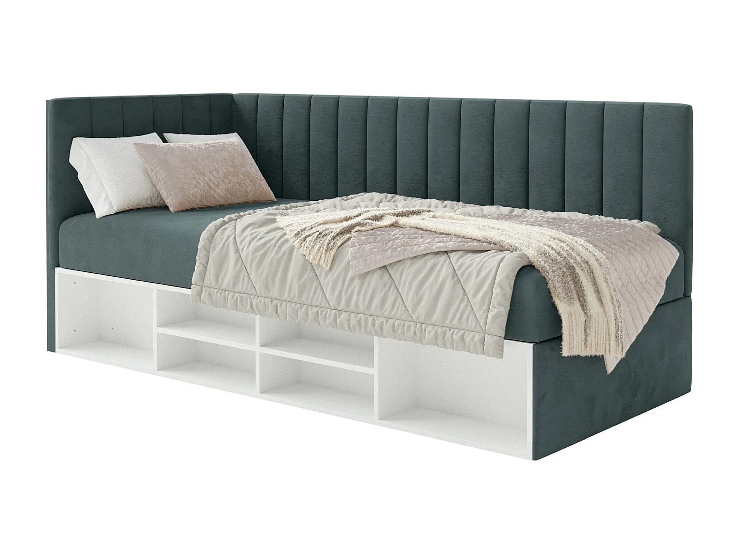 Jugendbett linksseitig mit Regalen, Easy-Clean-Samtbezug, blaugrau - VENTRIO