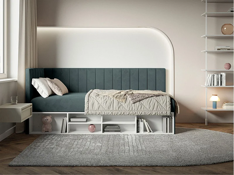 Tienerbed met opbergruimte - blauwgrijs - linkerzijde - VENTRIO