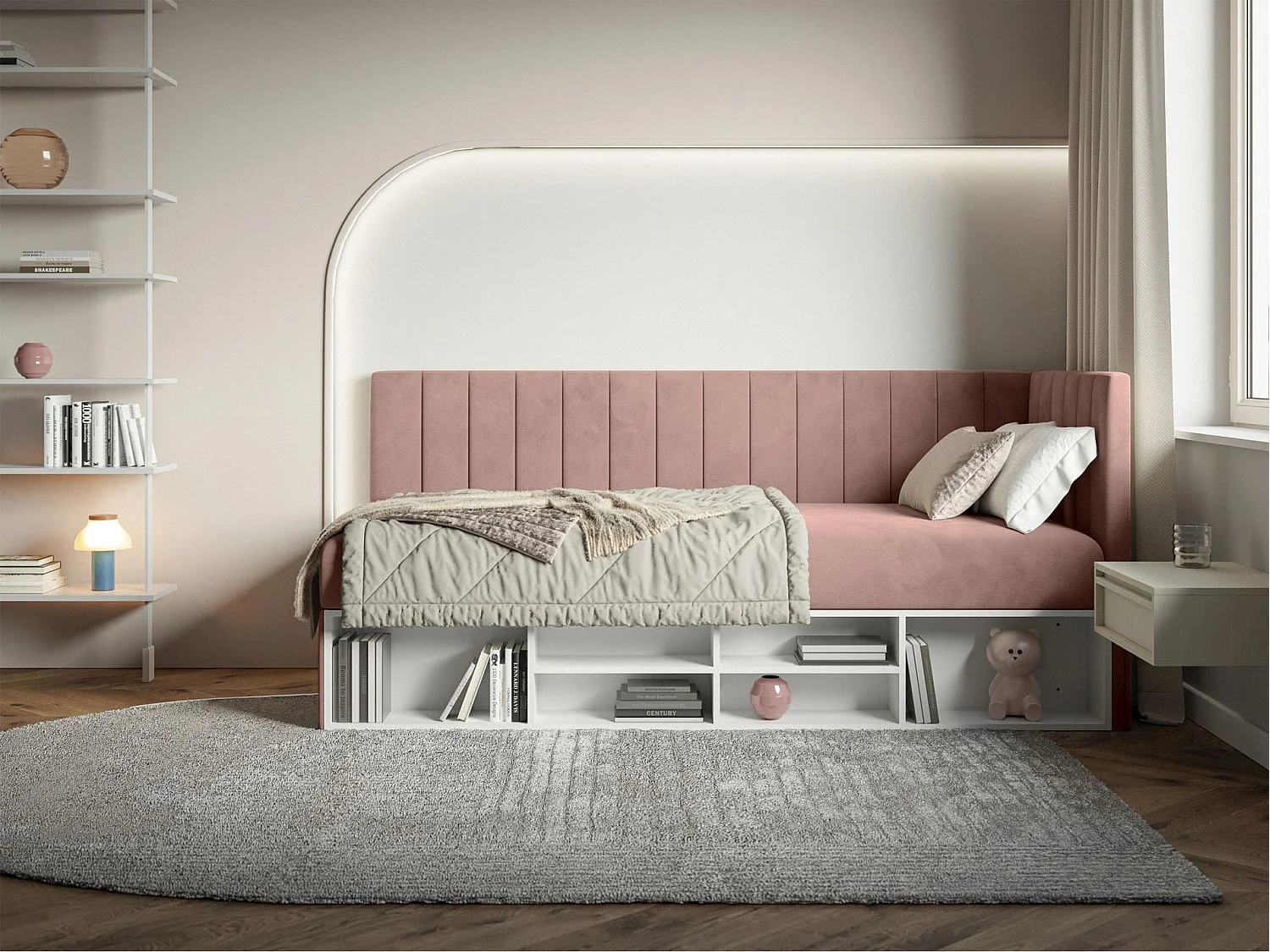 Jugendbett linksseitig mit Regalen, Easy-Clean-Samtbezug, hellrosa - VENTRIO