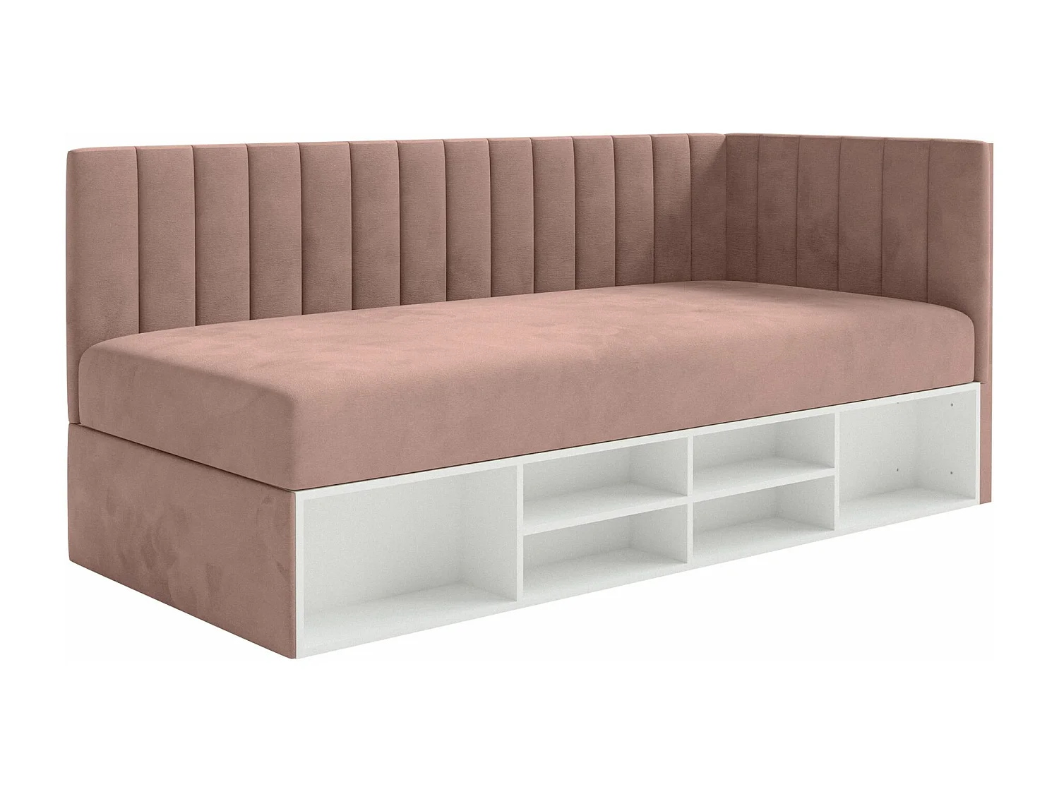 Jugendbett linksseitig mit Regalen, Easy-Clean-Samtbezug, hellrosa - VENTRIO