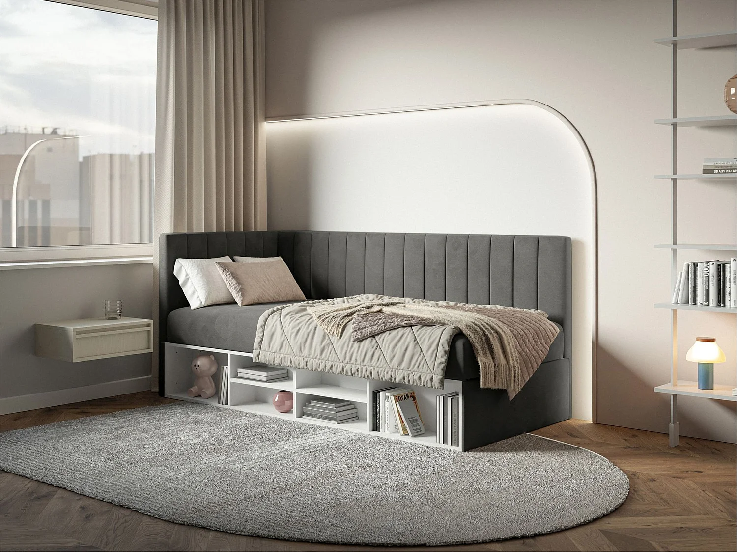 Jugendbett linksseitig mit Regalen, Easy-Clean-Samtbezug, dunkelgrau - VENTRIO