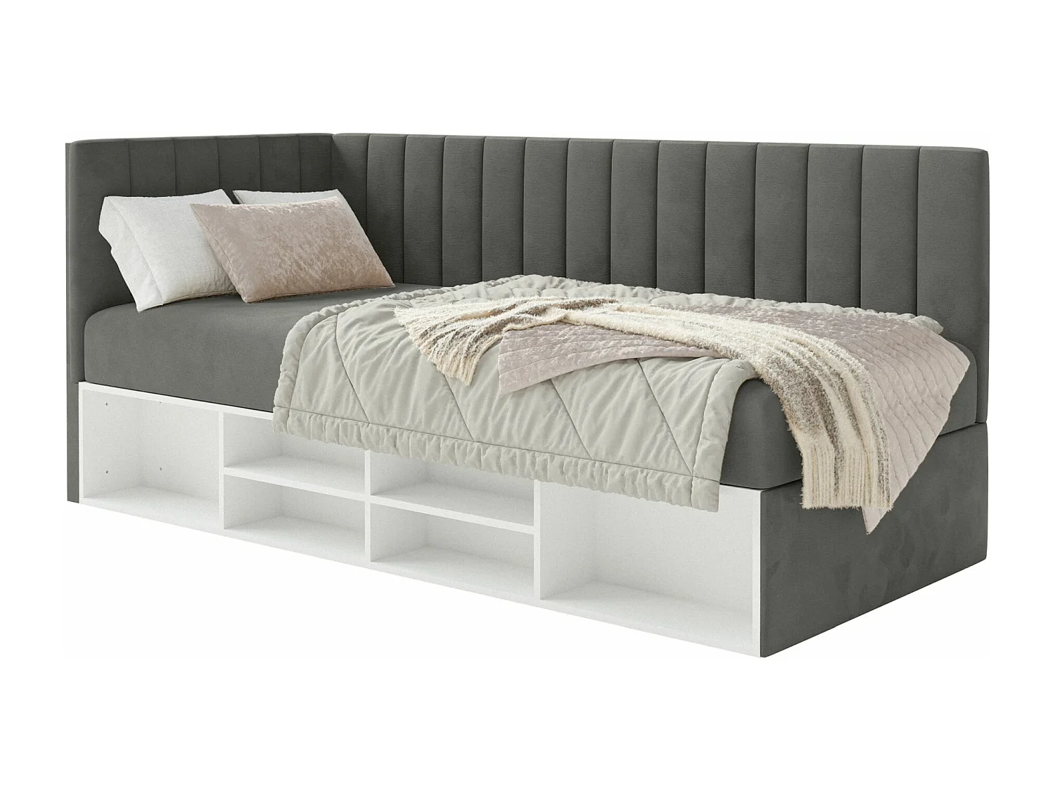 Jugendbett linksseitig mit Regalen, Easy-Clean-Samtbezug, dunkelgrau - VENTRIO