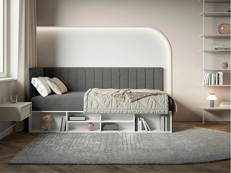 Jugendbett linksseitig mit Regalen, Easy-Clean-Samtbezug, dunkelgrau - VENTRIO