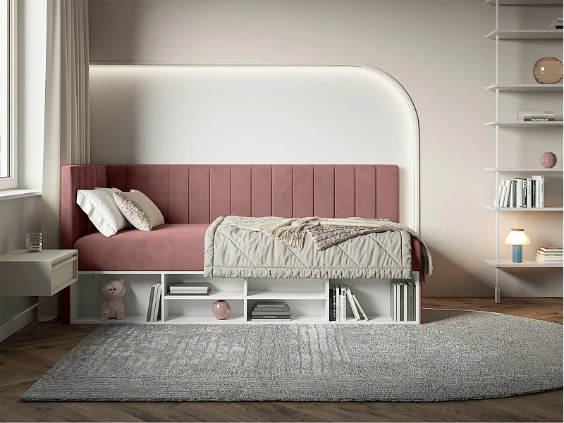 Jugendbett linksseitig mit Regalen, Easy-Clean-Samtbezug, rosa - VENTRIO