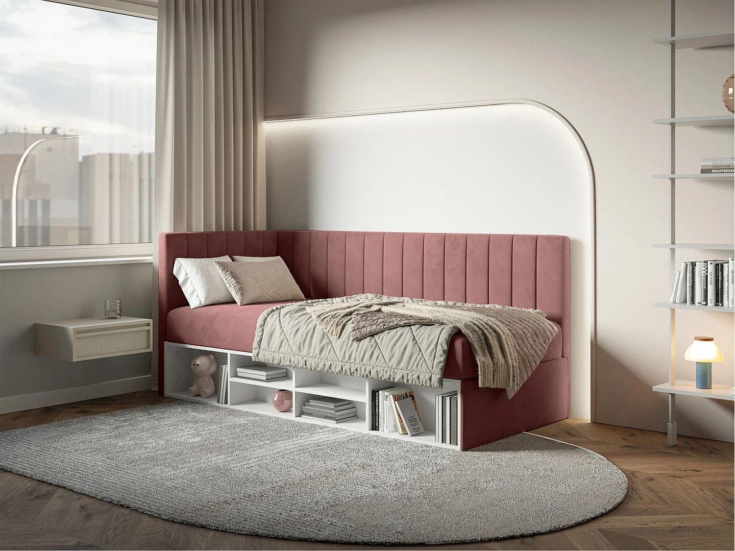 Jugendbett linksseitig mit Regalen, Easy-Clean-Samtbezug, rosa - VENTRIO
