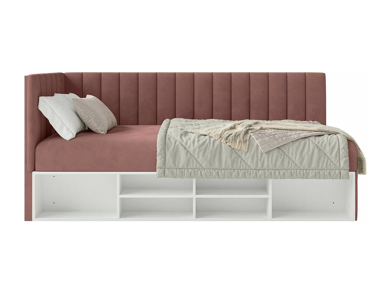 Jugendbett linksseitig mit Regalen, Easy-Clean-Samtbezug, rosa - VENTRIO