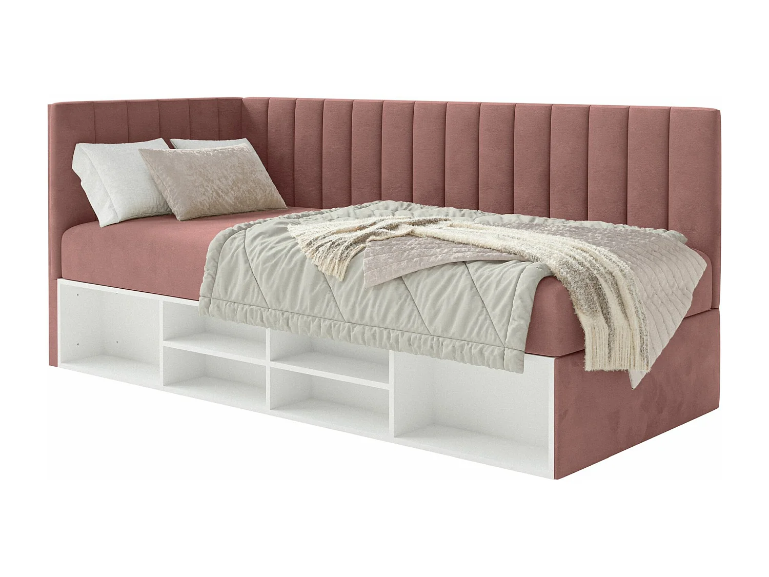 Jugendbett linksseitig mit Regalen, Easy-Clean-Samtbezug, rosa - VENTRIO