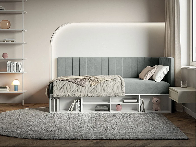 Jugendbett rechtsseitig mit Regalen, Easy-Clean-Samtbezug, grau - VENTRIO