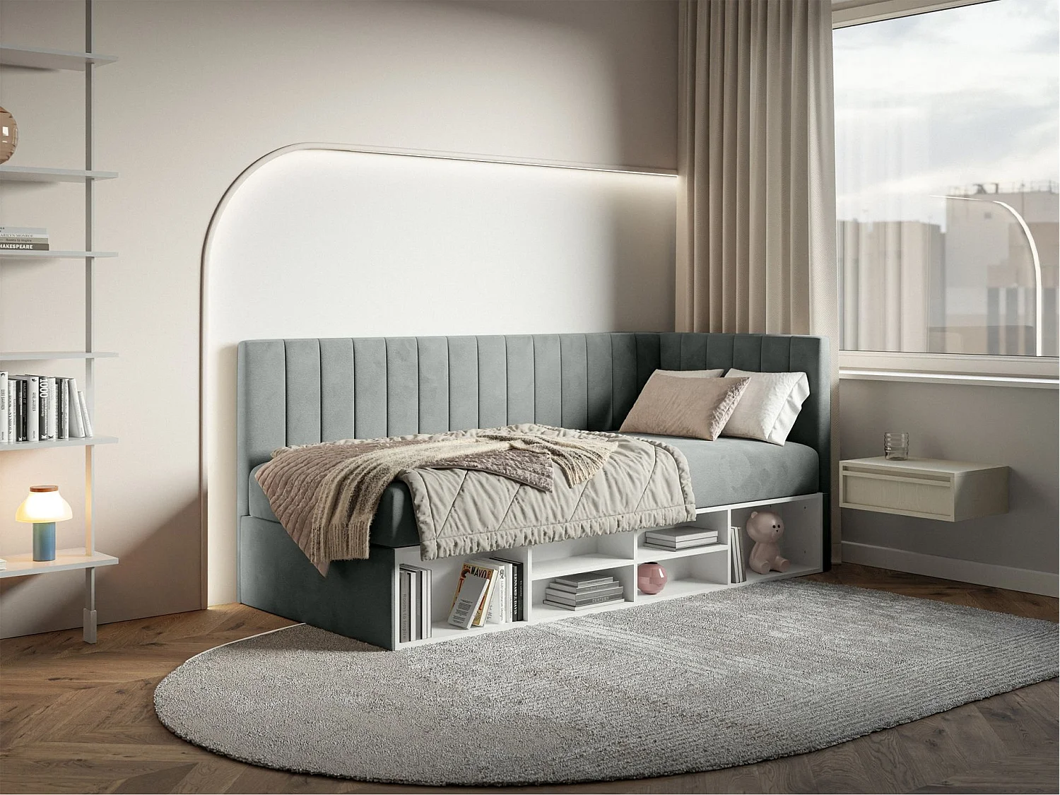 Tienerbed met opbergruimte - grijs - rechterkant - VENTRIO