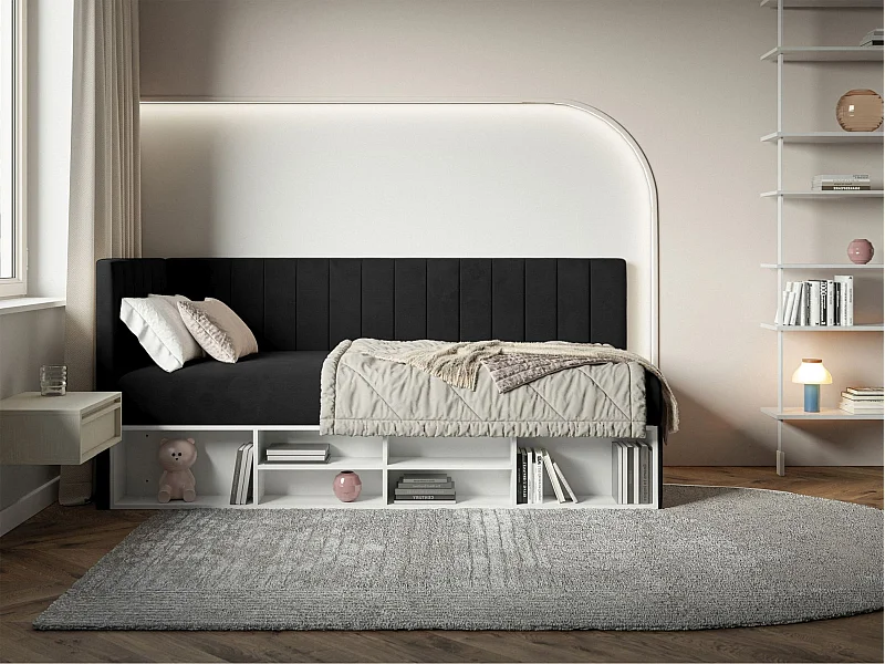 Jugendbett linksseitig mit Regalen, Easy-Clean-Samtbezug, schwarz - VENTRIO