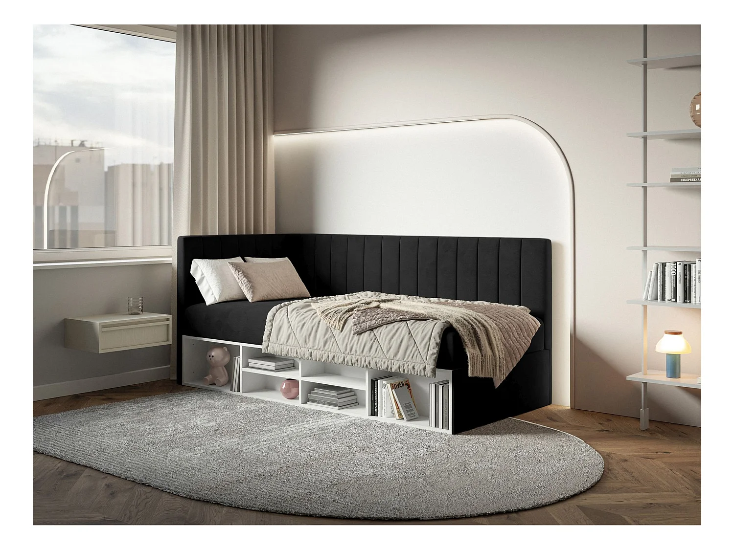 Jugendbett linksseitig mit Regalen, Easy-Clean-Samtbezug, schwarz - VENTRIO