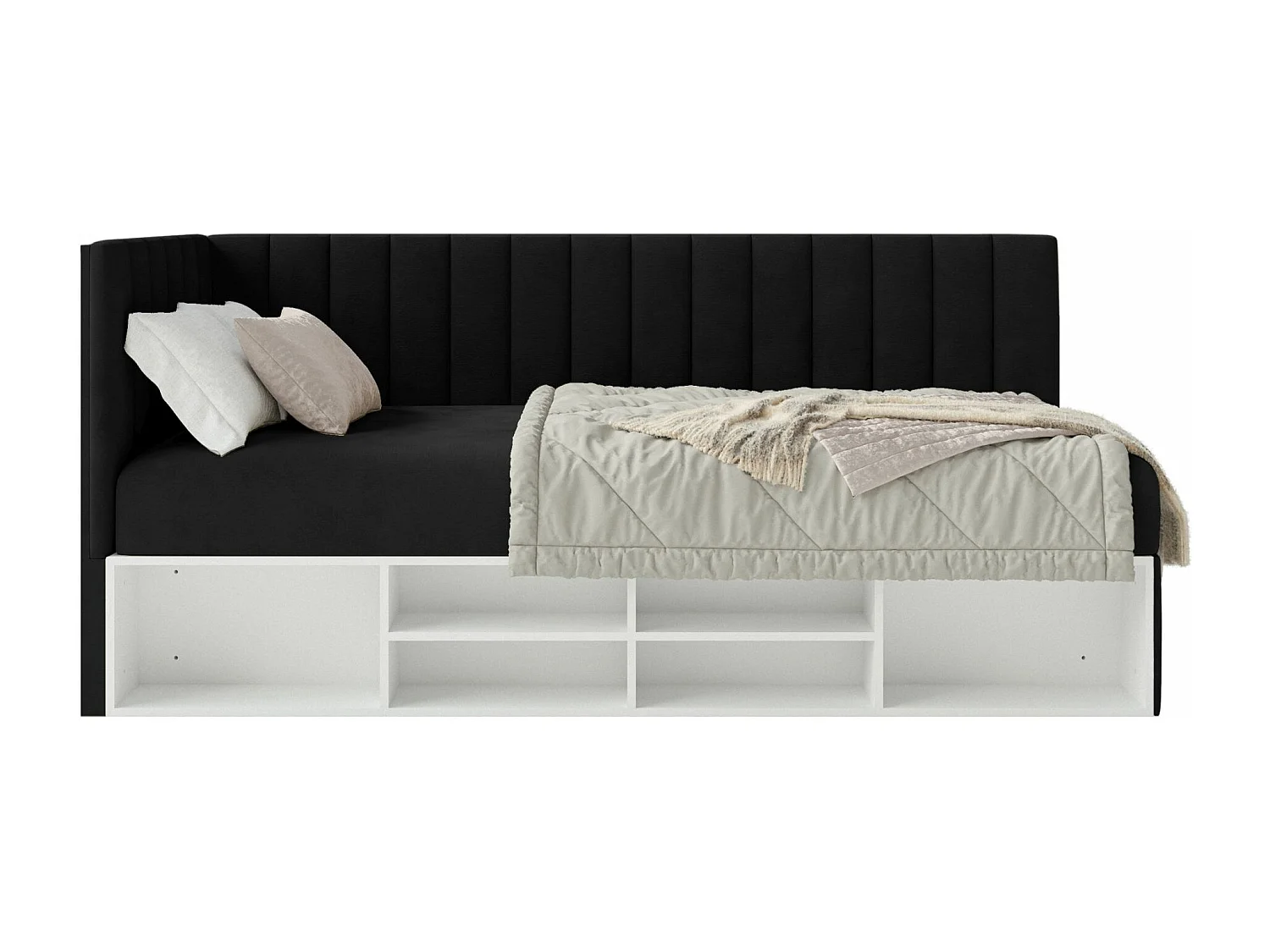 Jugendbett linksseitig mit Regalen, Easy-Clean-Samtbezug, schwarz - VENTRIO