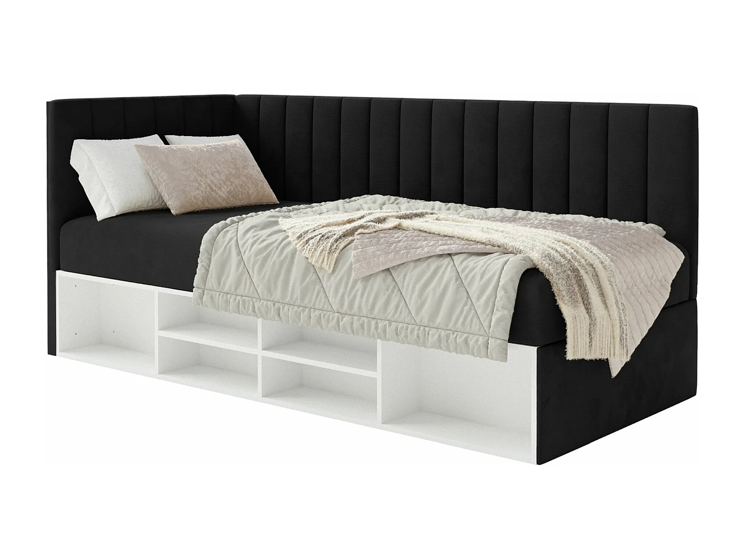 Jugendbett linksseitig mit Regalen, Easy-Clean-Samtbezug, schwarz - VENTRIO